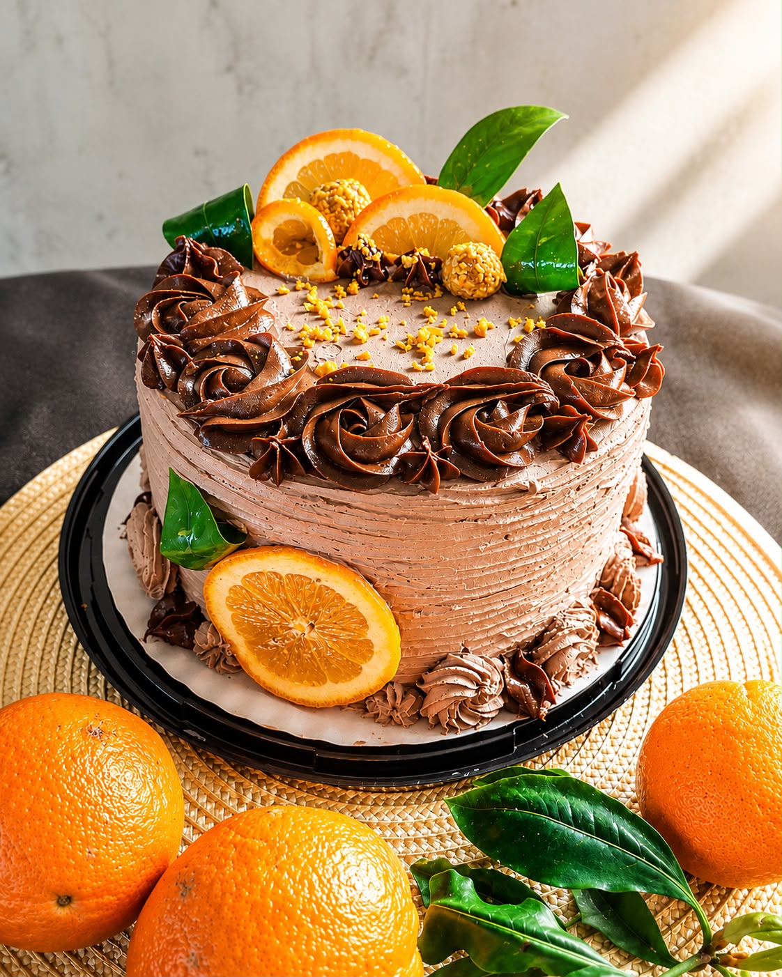 Torta especial de chocolate decorada con naranjas confitadas, preparada en Pan de Casa